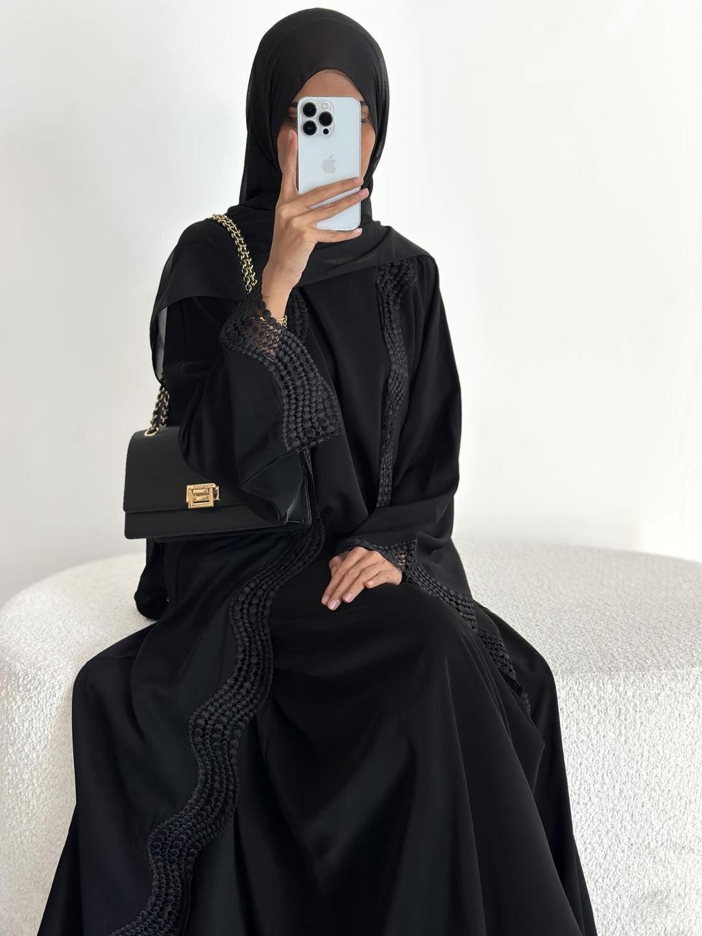 Lace-Trim Open Cardigan Abaya